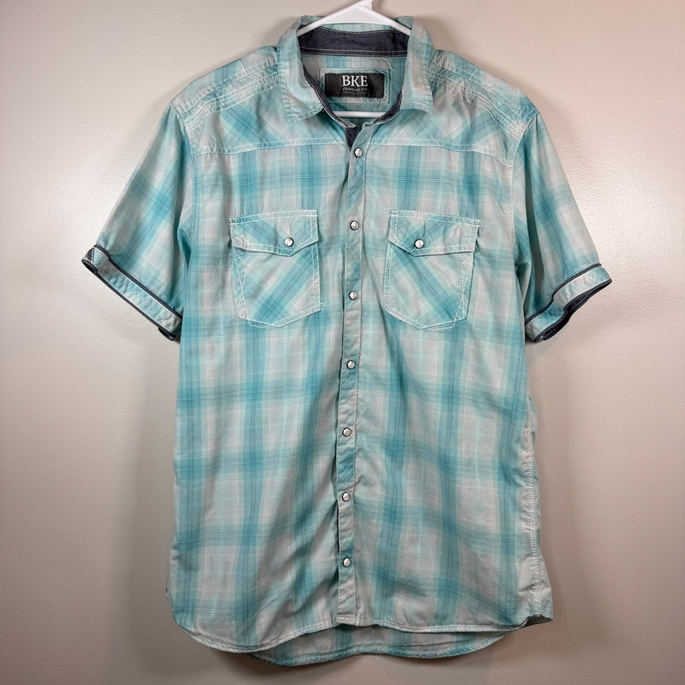 BKE Pearl Snap‎ Western Shirt Mens L Plaid Short Sleeve Blue White Rodeo Cowboy
